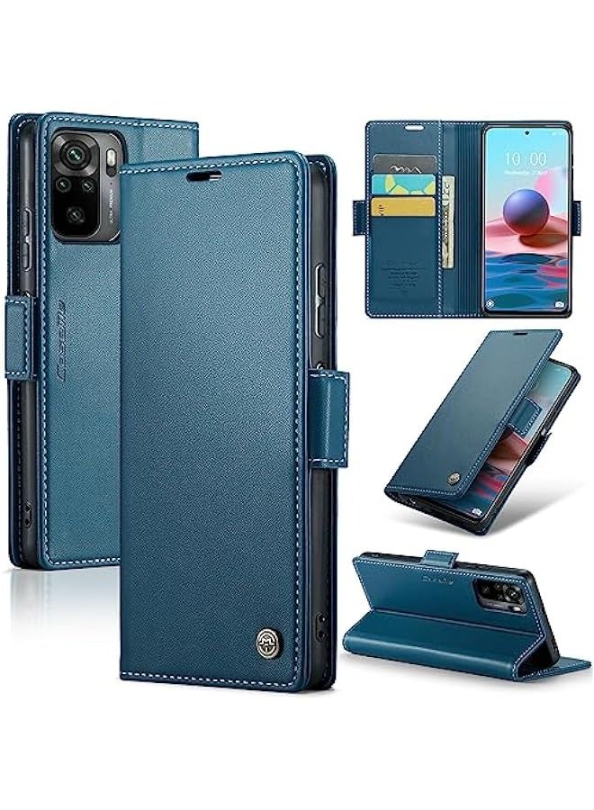 غلاف جلدي لهاتف Xiaomi Redmi Note 10 (4G) \/ Redmi Note 10S بحامل بطاقات RFID وتصميم رفيع مضاد للصدمات من PU Folio Book مع فتحة للنقود وإغلاق مغناطيسي - أزرق - Image 1