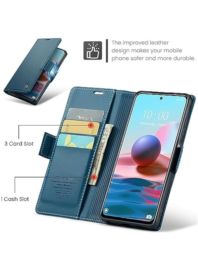 غلاف جلدي لهاتف Xiaomi Redmi Note 10 (4G) \/ Redmi Note 10S بحامل بطاقات RFID وتصميم رفيع مضاد للصدمات من PU Folio Book مع فتحة للنقود وإغلاق مغناطيسي - أزرق - Image 3