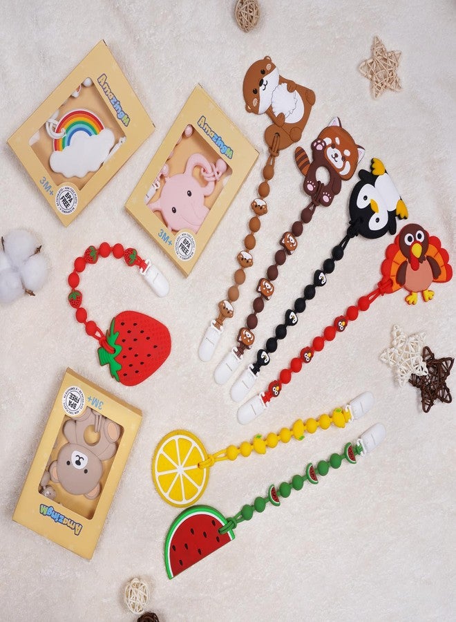 AmazingM Cute Animal Baby Food Grade Silicone Teether Toy with One Piece Design Pacifier Clip Holder,Teething Pain Relief Toys Gift Set for 3 Months+ Boys and Girls,Freezer Safe,BPA Free (Strawberry) - Image 5