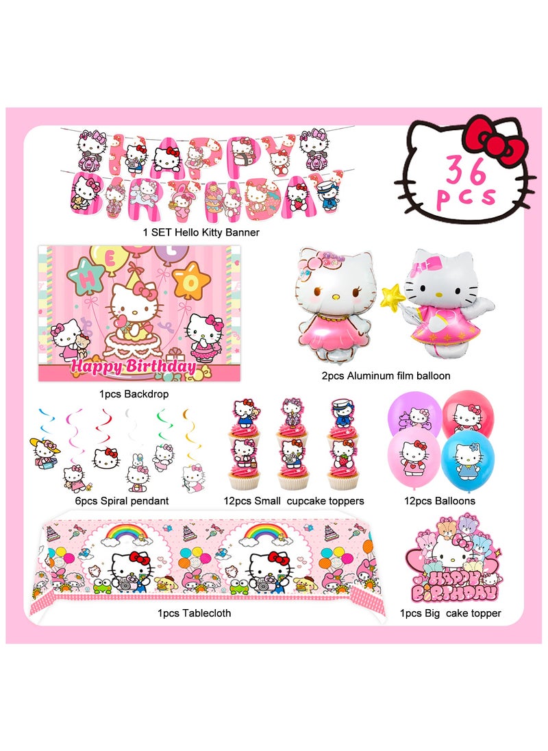 FRUITFUL PARTY Hello Kitty Birthday Party Decorations, 36pcs Hello Kitty Birthday Party Supplies Kitty Party Balloons Backdrop Cake Toppers Tablecloth  - Image 2