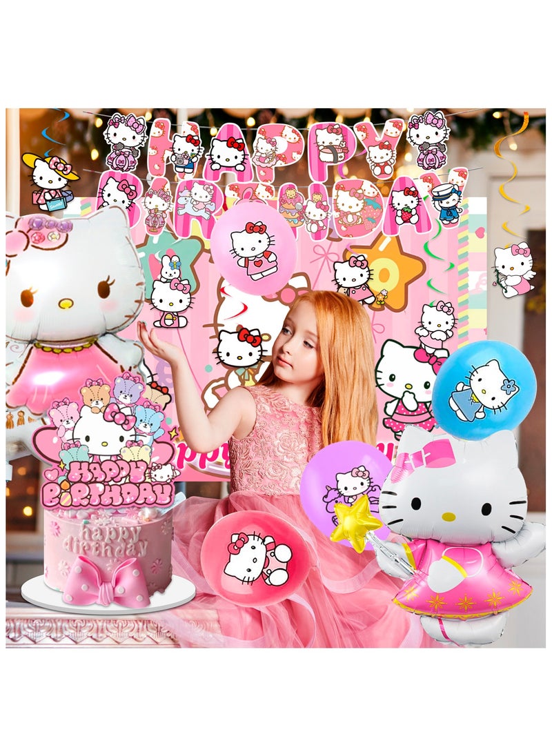FRUITFUL PARTY Hello Kitty Birthday Party Decorations, 36pcs Hello Kitty Birthday Party Supplies Kitty Party Balloons Backdrop Cake Toppers Tablecloth  - Image 4