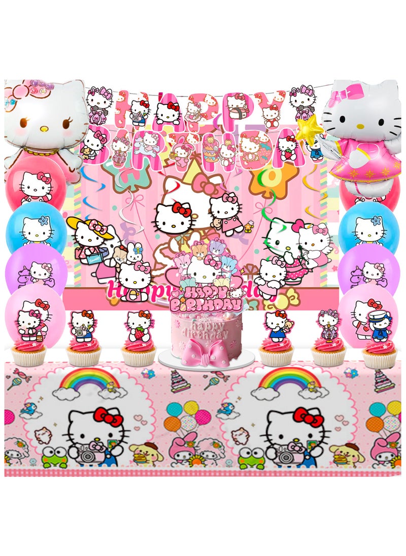 FRUITFUL PARTY Hello Kitty Birthday Party Decorations, 36pcs Hello Kitty Birthday Party Supplies Kitty Party Balloons Backdrop Cake Toppers Tablecloth  - Image 1