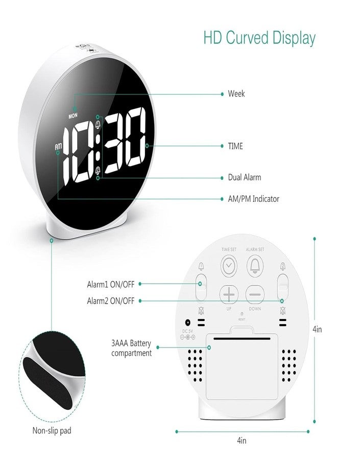 AMPLIN Digital Alarm Clock, HD Curved LED Display, Dual Alarm with Snooze, 12/24h Format (White) - Image 3