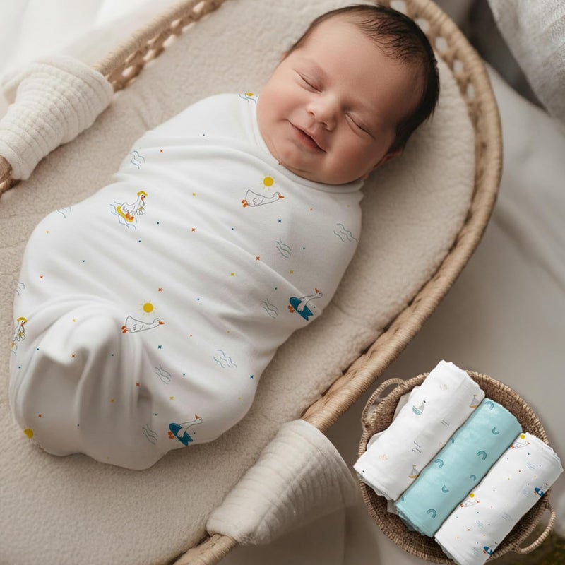 R for Rabbit Cuddlez Swaddle Set for Newborns - 100% Cotton Muslin, Lightweight & Breathable, Multicolor Aqua (Pack of 3) - Image 1