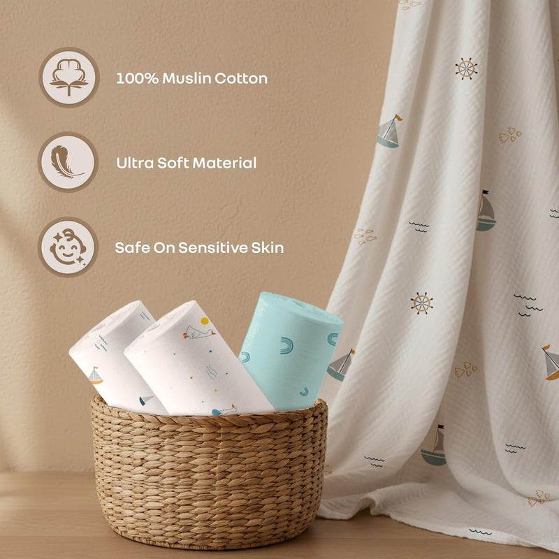 R for Rabbit Cuddlez Swaddle Set for Newborns - 100% Cotton Muslin, Lightweight & Breathable, Multicolor Aqua (Pack of 3) - Image 2