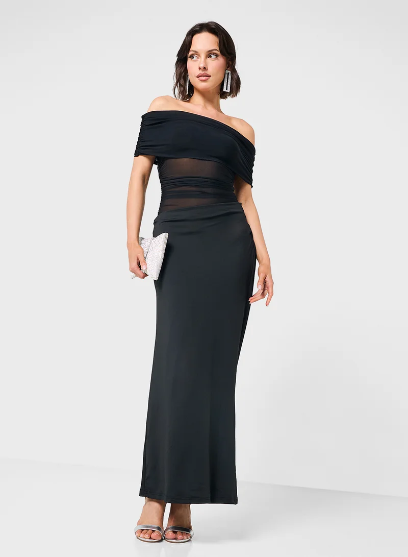 Ginger Off Shoulder Draped Dress With Mesh Cutout Detail