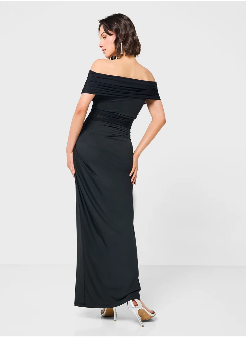 Ginger Off Shoulder Draped Dress With Mesh Cutout Detail