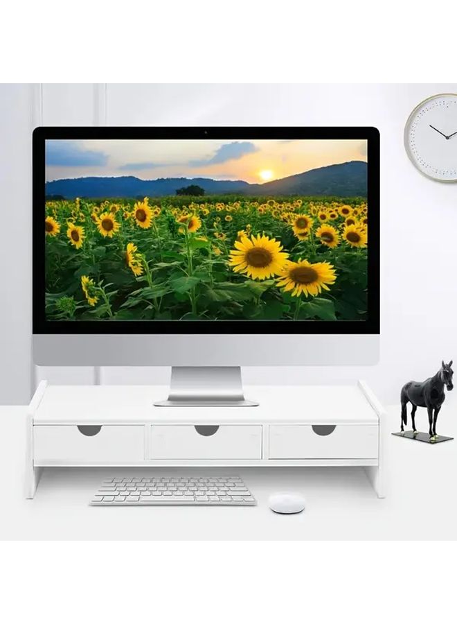 A Modern White PVC Monitor Stand With 3 Storage Drawers Space Saving Design For Home Office Durable Wooden Construction Ideal For Computer And Laptop Setup 1 Set - Image 3
