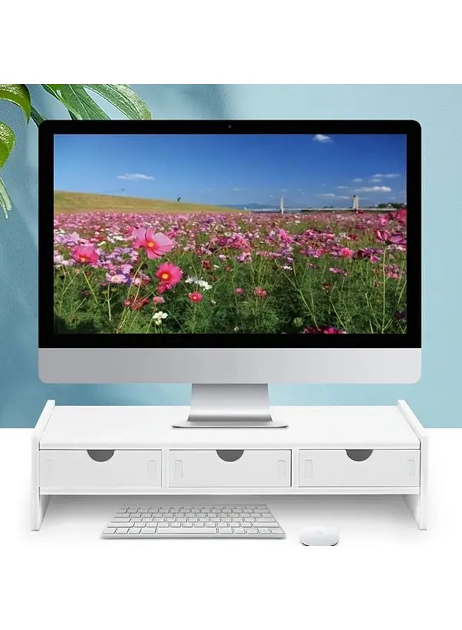 A Modern White PVC Monitor Stand With 3 Storage Drawers Space Saving Design For Home Office Durable Wooden Construction Ideal For Computer And Laptop Setup 1 Set - Image 5