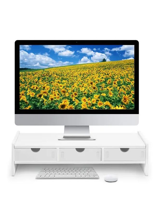 A Modern White PVC Monitor Stand With 3 Storage Drawers Space Saving Design For Home Office Durable Wooden Construction Ideal For Computer And Laptop Setup 1 Set - Image 4