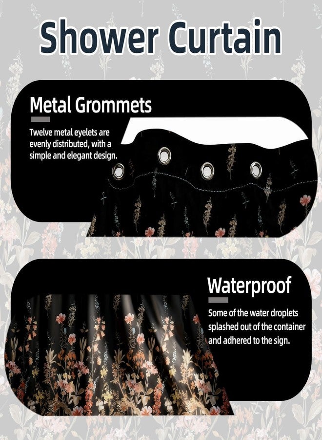 MAG Black Floral Shower Curtain,Vintage Boho Style Waterproof Bathroom Decor,Single Panel 72x72 Inch with 12 Rustproof Grommets, Hotel Wrinkle-Free Bathtub Curtain. - Image 4