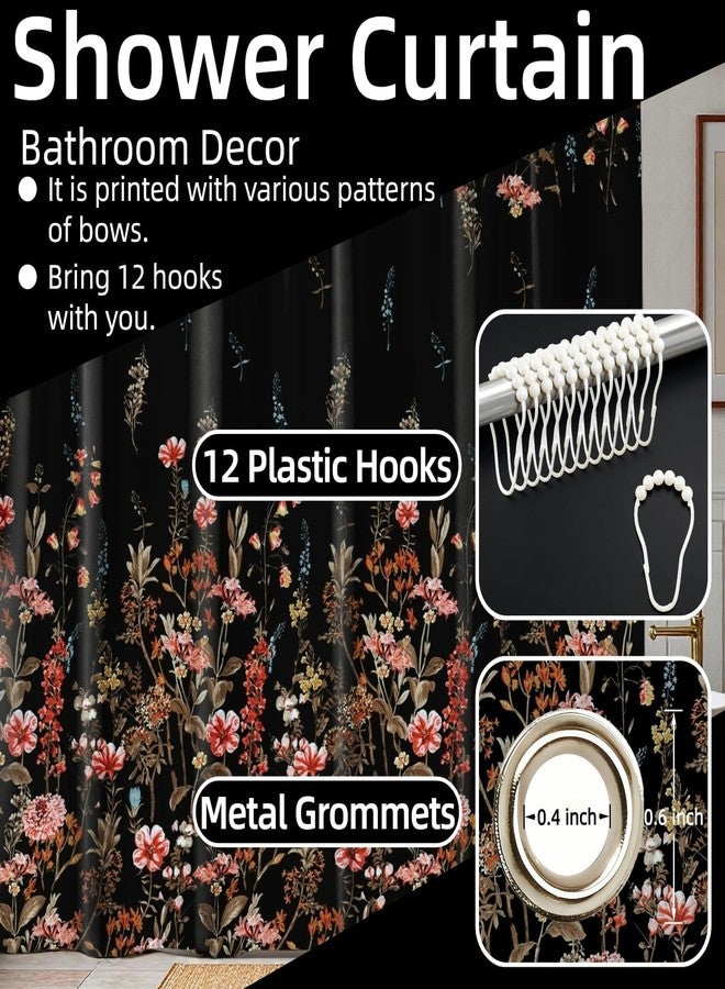 MAG Black Floral Shower Curtain,Vintage Boho Style Waterproof Bathroom Decor,Single Panel 72x72 Inch with 12 Rustproof Grommets, Hotel Wrinkle-Free Bathtub Curtain. - Image 3