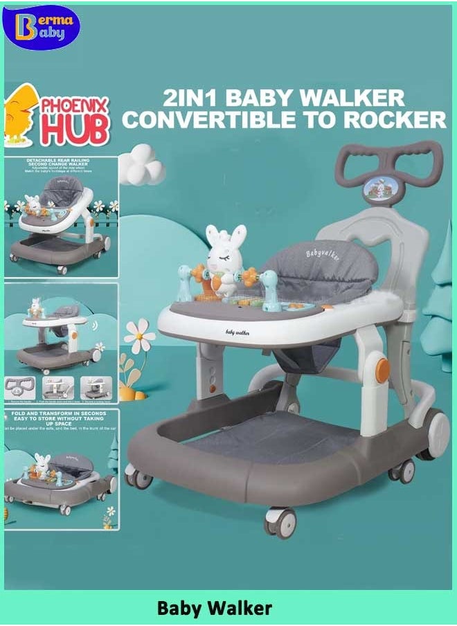 Berma Baby 3 in 1 Walker For Baby Convertible To Rocker With Adjustable Height Push Handle & Music  - Image 1