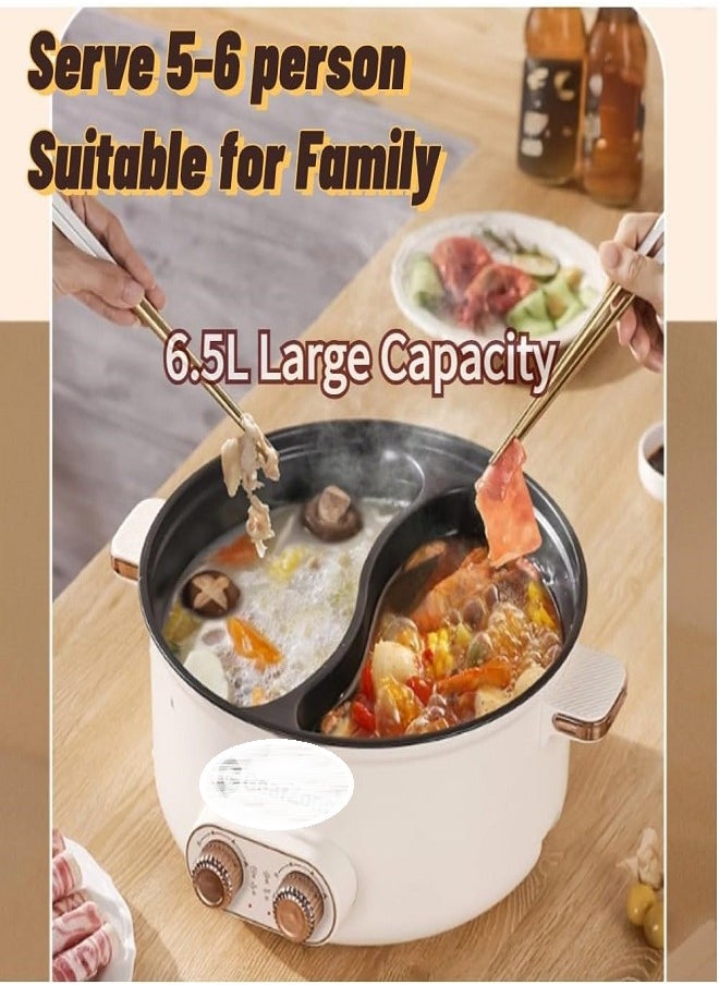 Golivn - 6.5L 1600W Non-Stick Large Capacity Multifunctional Electric Cooking Pot, Double Hot Pot with Independent Temperature Control, 8.6 Bowl Depth, Electric Skillet, Frying Pan, Electric Saucepan, for Noodles, Egg, Steak, Oatmeal and Soup - Image 1