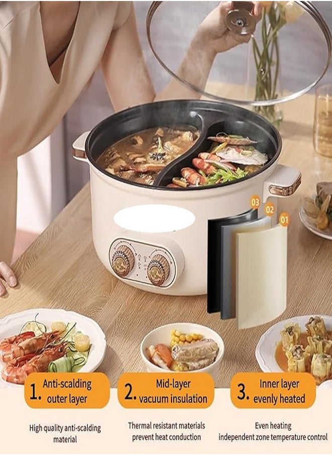 Golivn - 6.5L 1600W Non-Stick Large Capacity Multifunctional Electric Cooking Pot, Double Hot Pot with Independent Temperature Control, 8.6 Bowl Depth, Electric Skillet, Frying Pan, Electric Saucepan, for Noodles, Egg, Steak, Oatmeal and Soup - Image 1