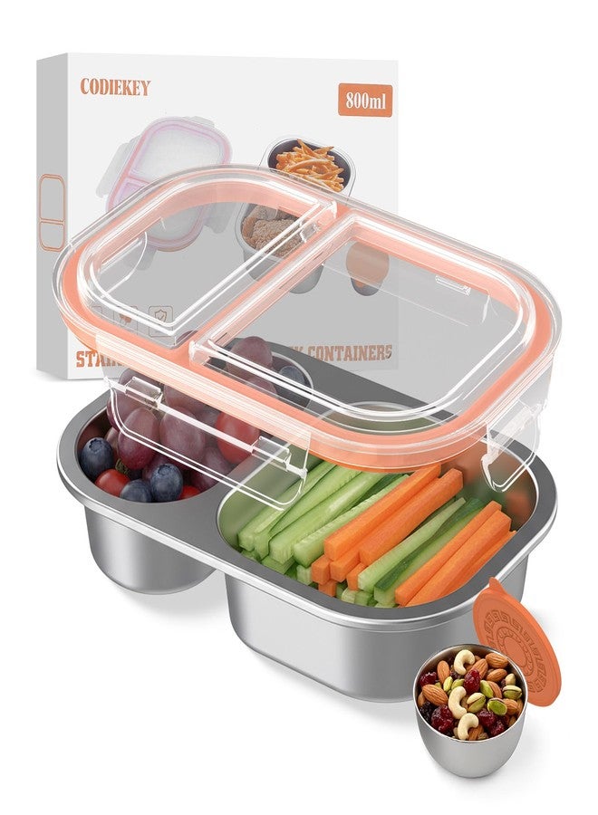 CODIEKEY Snackle Box Container,Dishwasher,Reusable Snack Containers With Lids,2 Compartment Stainless Steel Snack Containers,Fruits, Snacks,Nuts,Salad,travel,800ML,White&Orange,1 Pack - Image 1