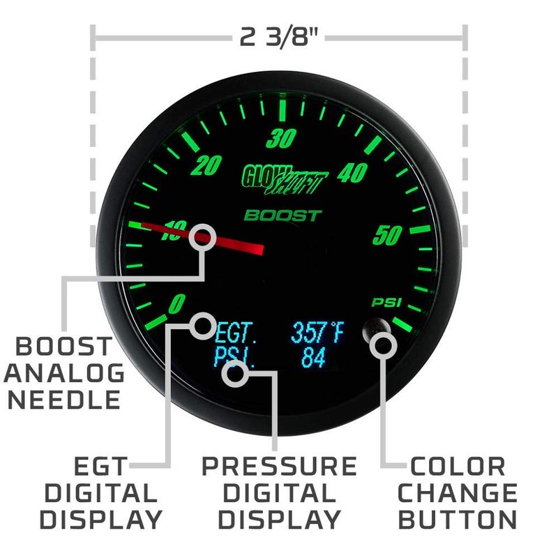 GlowShift 3-in-1 Analog 60 PSI Boost Gauge Kit with Digital EGT & Pressure Readings - 10 Selectable LED Colors - Image 5