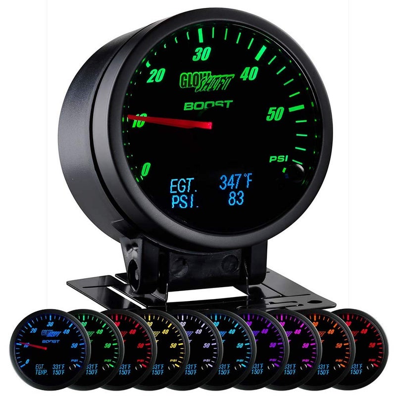 GlowShift 3-in-1 Analog 60 PSI Boost Gauge Kit with Digital EGT & Pressure Readings - 10 Selectable LED Colors - Image 1