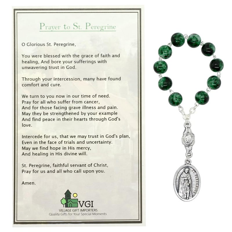DTC Patron for Cancer Saint Peregrine One Decade Rosary with Green Prayer Beads 3 Inch