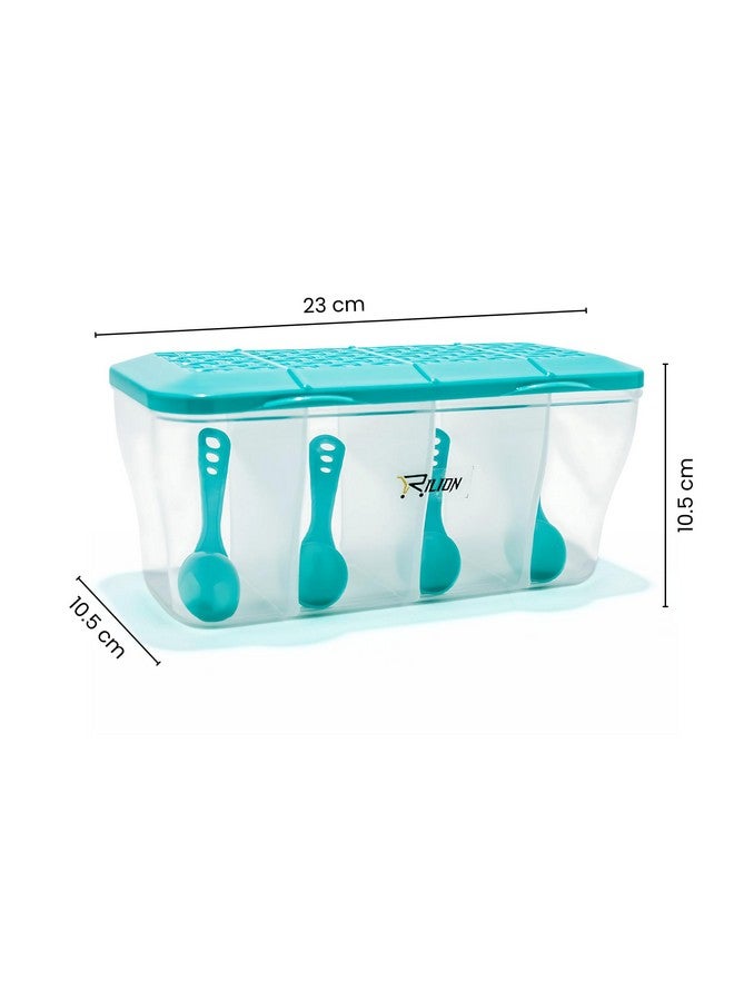 RILION Multipurpose Plastic 4 In 1 Masala Box for Kitchen, Transparent Pickel Box, 4 Compartment Storage Container Airtight For Cereal, Dry Fruits Dabba1800 Ml with 4 Spoons(Pista) - Image 5