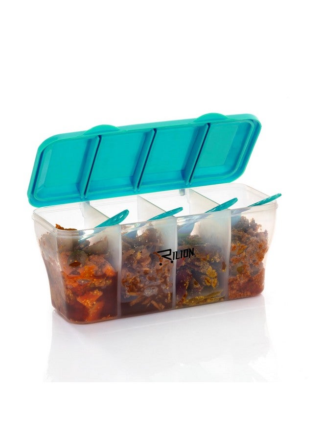 RILION Multipurpose Plastic 4 In 1 Masala Box for Kitchen, Transparent Pickel Box, 4 Compartment Storage Container Airtight For Cereal, Dry Fruits Dabba1800 Ml with 4 Spoons(Pista) - Image 2