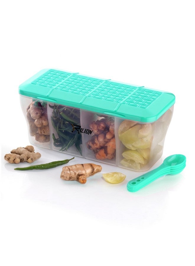 RILION Multipurpose Plastic 4 In 1 Masala Box for Kitchen, Transparent Pickel Box, 4 Compartment Storage Container Airtight For Cereal, Dry Fruits Dabba1800 Ml with 4 Spoons(Pista) - Image 1