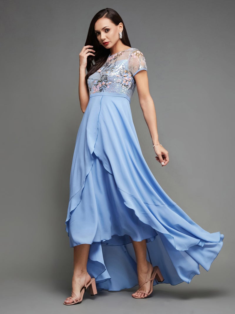 Miss Chase Women's Round Neck Short Sleeve Midi Dress (MCSS23D13-78-231-03, Multicolored-Base-Sky Blue, S) - Image 3