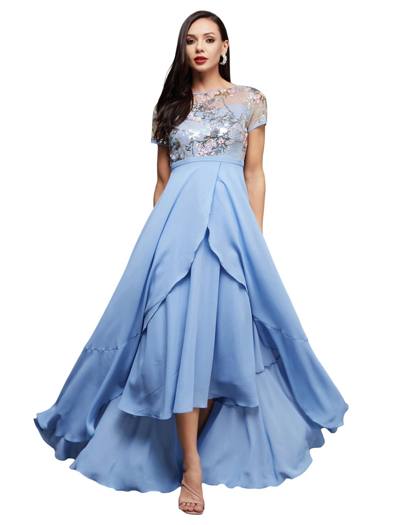 Miss Chase Women's Round Neck Short Sleeve Midi Dress (MCSS23D13-78-231-03, Multicolored-Base-Sky Blue, S) - Image 1