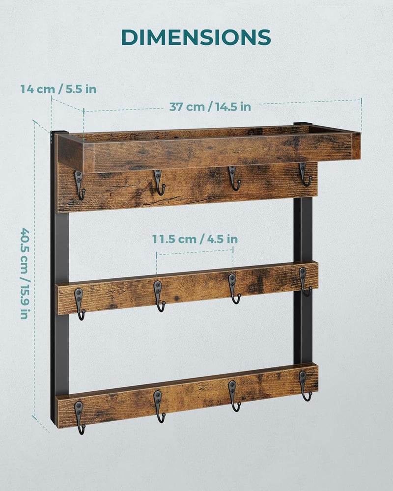 OROPY Coffee Mug Rack Wall Mounted, Rustic Wood Cups Rack with 12 Hooks and Storage Shelf, for Home Kitchen Display and Collection (Rustic Brown) - Image 5