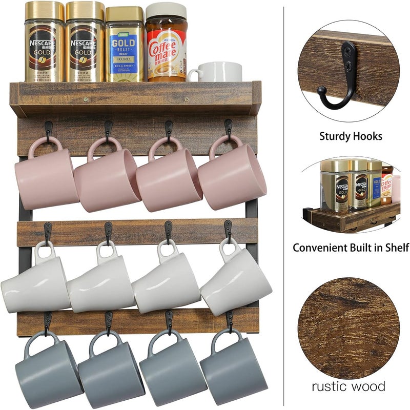OROPY Coffee Mug Rack Wall Mounted, Rustic Wood Cups Rack with 12 Hooks and Storage Shelf, for Home Kitchen Display and Collection (Rustic Brown) - Image 4