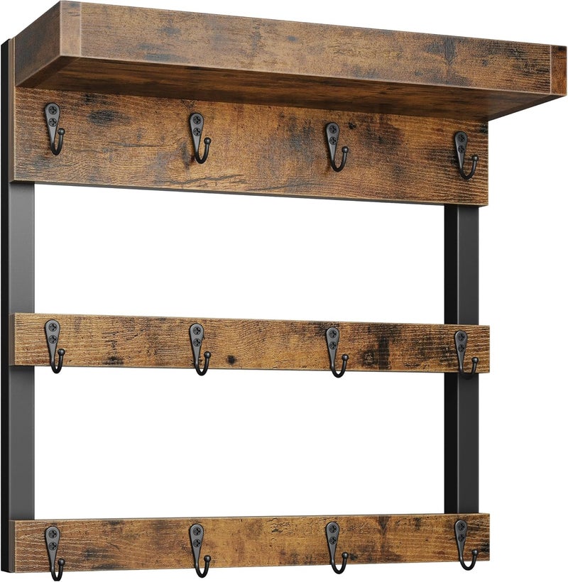OROPY Coffee Mug Rack Wall Mounted, Rustic Wood Cups Rack with 12 Hooks and Storage Shelf, for Home Kitchen Display and Collection (Rustic Brown) - Image 1