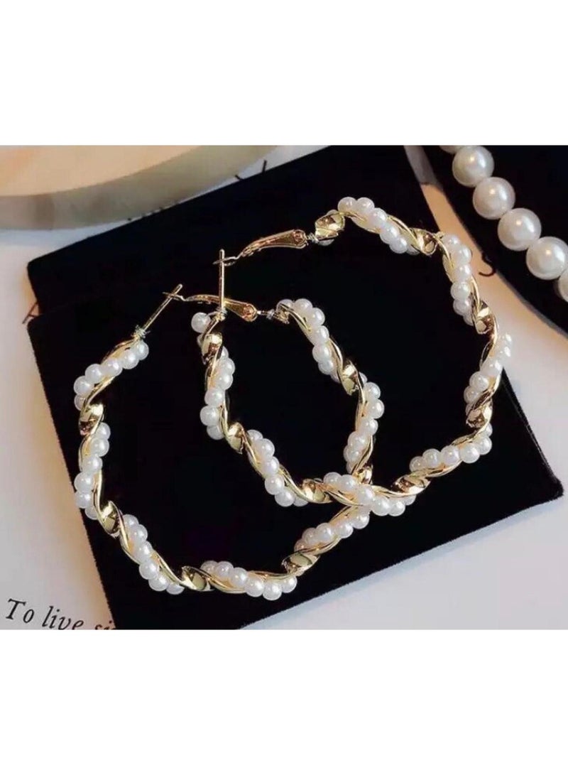 ُTablouhaty Elegant Gold-Tone Hoop Earrings – Sophisticated Twisted Design with Faux Pearl Accents for Women - Image 1