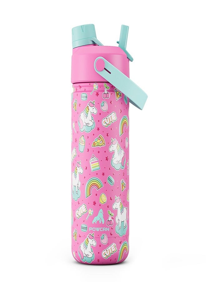 powcan 18 oz Kids Water Bottle for School: Leakproof, 2-in-1 Straw Spout Lid, BPA-Free, Easy Carry, Keep Cold 24H, Insulated Stainless Steel Cup for Backpack, Sports, Camping, Trip, Gift, Home (Cute Unicorn) - Image 1