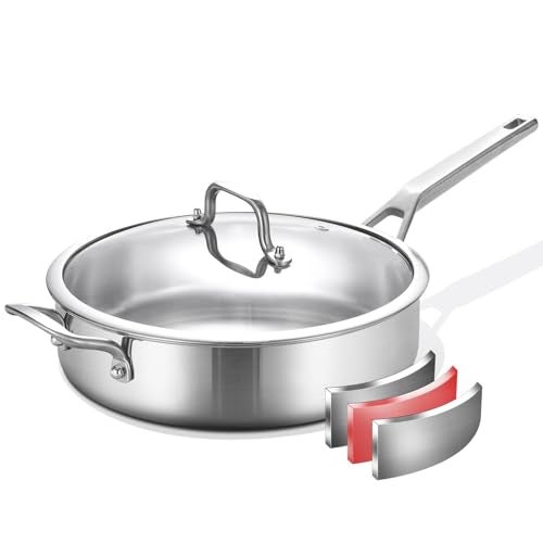 YEKSUM Stainless Steel Saute Pan TriPly Saute Pan 5QT 12 Inch Deep Frying Pan with lids Compatible with All Cooktops Up to 650 3layer Large Skillet with Stay Cool Handle Induction Pan Durable