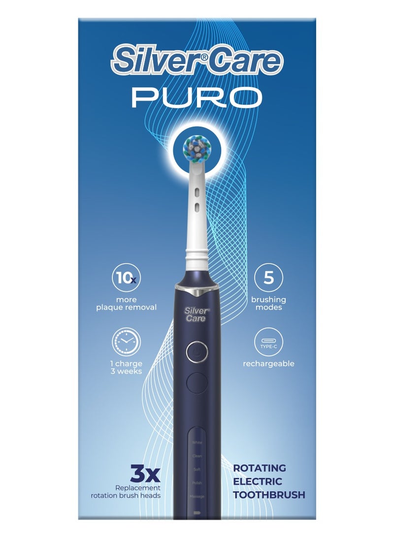 Silver Care Puro Rotating Electric Toothbrush for Adults – 3 Rechargeable Head, Deep Cleaning, 360° Rotation, Soft Bristles, Smart Timer, Waterproof Electric Toothbrush for Sensitive Teeth - Image 1
