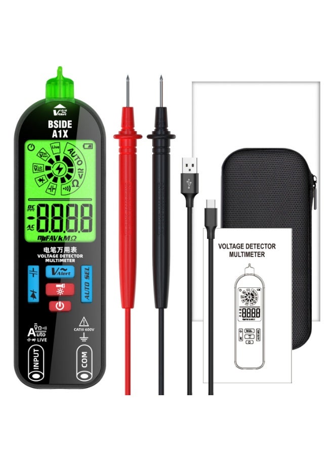 BSIDE Smart Digital Multimeter Pocket Electrical Voltmeter Tester, Rechargeable with Red & Green Backlight, Measures Capacitance Diode Resistance Continuity V-Alert DC AC Voltage with Carrying Case - Image 1