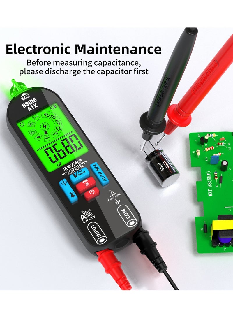 BSIDE Smart Digital Multimeter Pocket Electrical Voltmeter Tester, Rechargeable with Red & Green Backlight, Measures Capacitance Diode Resistance Continuity V-Alert DC AC Voltage with Carrying Case - Image 5