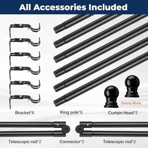 EUIJOIP Bay Window Curtain Rods 1 Inch Rustproof Metal Corner Curtain Rod for Windows 59-184” Adjustable U Shape Rod - Foldable Corner Solution for Bay/Box/U Shaped Windows (Matte Black) - Image 2