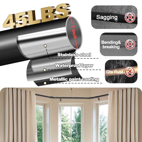 EUIJOIP Bay Window Curtain Rods 1 Inch Rustproof Metal Corner Curtain Rod for Windows 59-184” Adjustable U Shape Rod - Foldable Corner Solution for Bay/Box/U Shaped Windows (Matte Black) - Image 5