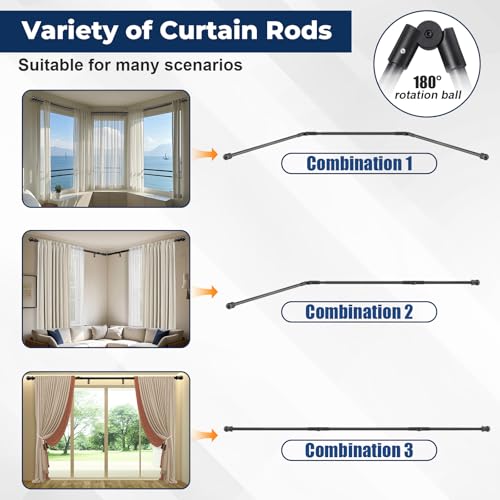 EUIJOIP Bay Window Curtain Rods 1 Inch Rustproof Metal Corner Curtain Rod for Windows 59-184” Adjustable U Shape Rod - Foldable Corner Solution for Bay/Box/U Shaped Windows (Matte Black) - Image 4