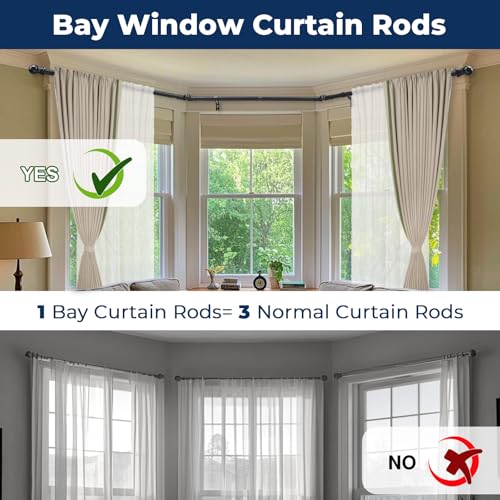 EUIJOIP Bay Window Curtain Rods 1 Inch Rustproof Metal Corner Curtain Rod for Windows 59-184” Adjustable U Shape Rod - Foldable Corner Solution for Bay/Box/U Shaped Windows (Matte Black) - Image 3