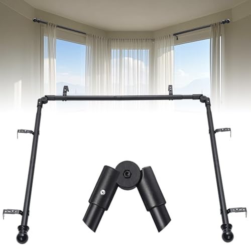 EUIJOIP Bay Window Curtain Rods 1 Inch Rustproof Metal Corner Curtain Rod for Windows 59-184” Adjustable U Shape Rod - Foldable Corner Solution for Bay/Box/U Shaped Windows (Matte Black) - Image 1