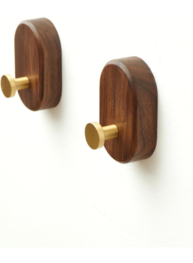 2 Pack Walnut Wood Wall Mount Coat Hooks with Brass Accent, Heavy Duty - Image 1
