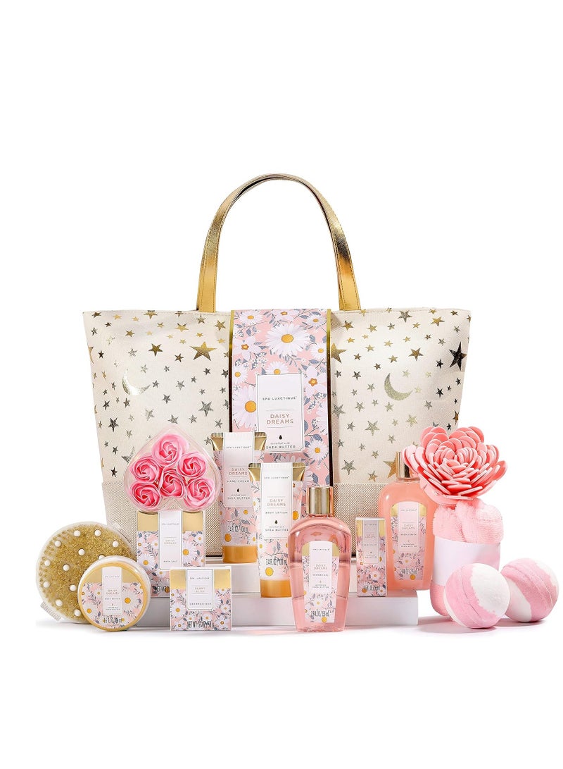 spa luxetique Gift Baskets for Women - Spa Luxetique Womens Gifts, 15pcs Daisy Spa Gift Sets with Bubble Bath, Body Butter, Hand Cream and Tote Bag, Birthday Gifts for Mom, Mothers Day Gifts for Mom - Image 1