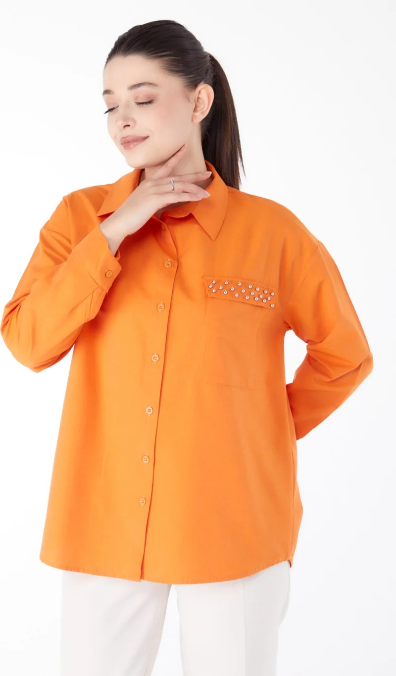 Tofisa Plain Shirt Collar Women's Orange Stone Detailed Shirt - 13194