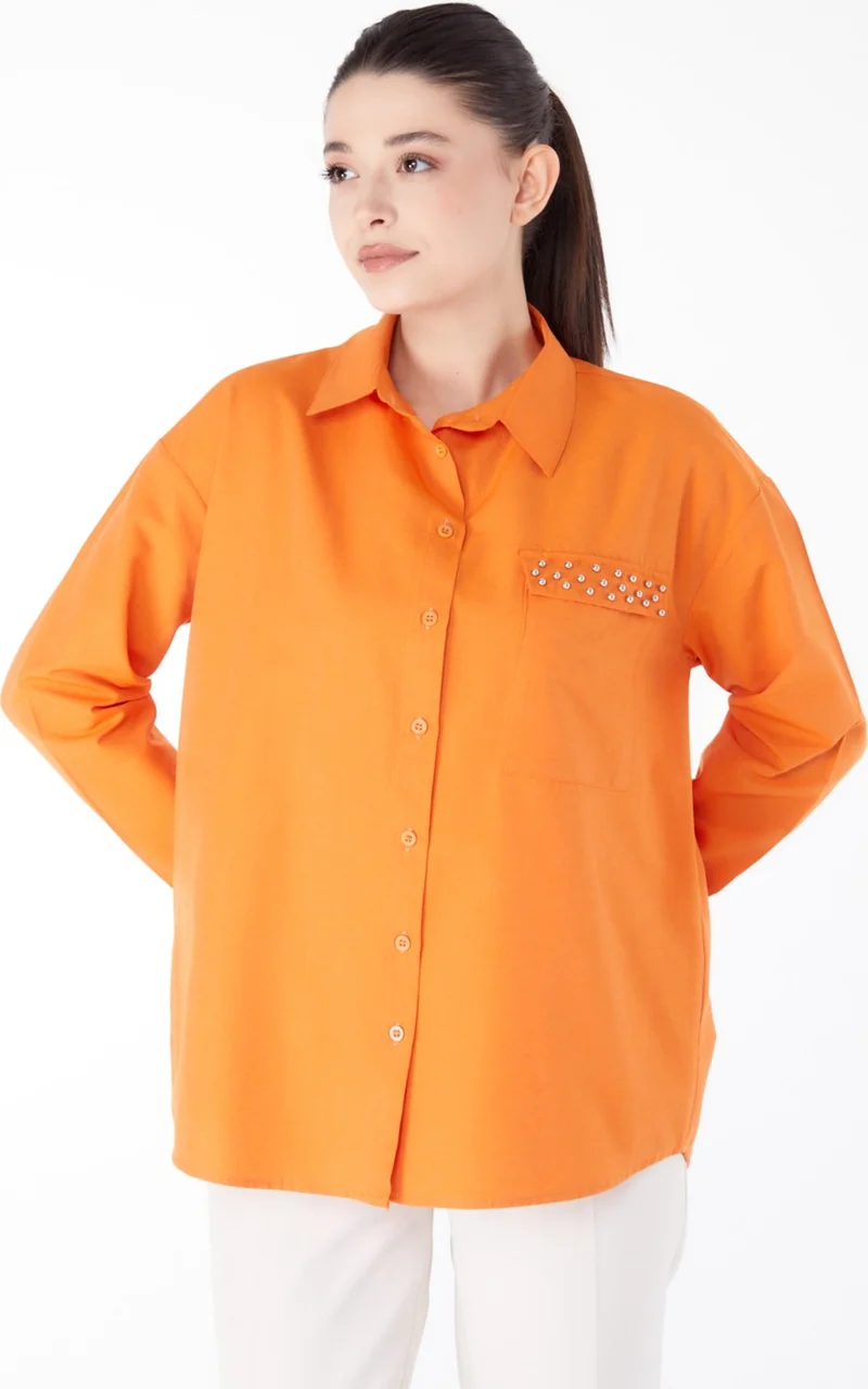 Tofisa Plain Shirt Collar Women's Orange Stone Detailed Shirt - 13194
