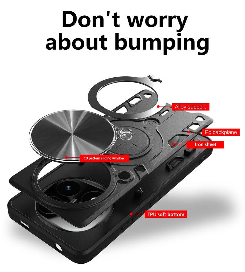 SPAZY CASE® Redmi Note 14 Pro Plus 5G Back Case | Hybrid Case with 360 Degree Rotating Finger Ring Holder + Slider Shutter Camera Protection Cover for Redmi Note 14 Pro Plus 5G - Black - Image 3