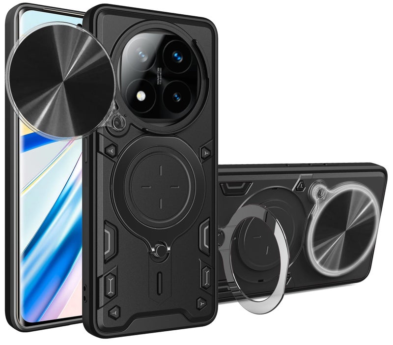 SPAZY CASE® Redmi Note 14 Pro Plus 5G Back Case | Hybrid Case with 360 Degree Rotating Finger Ring Holder + Slider Shutter Camera Protection Cover for Redmi Note 14 Pro Plus 5G - Black - Image 1