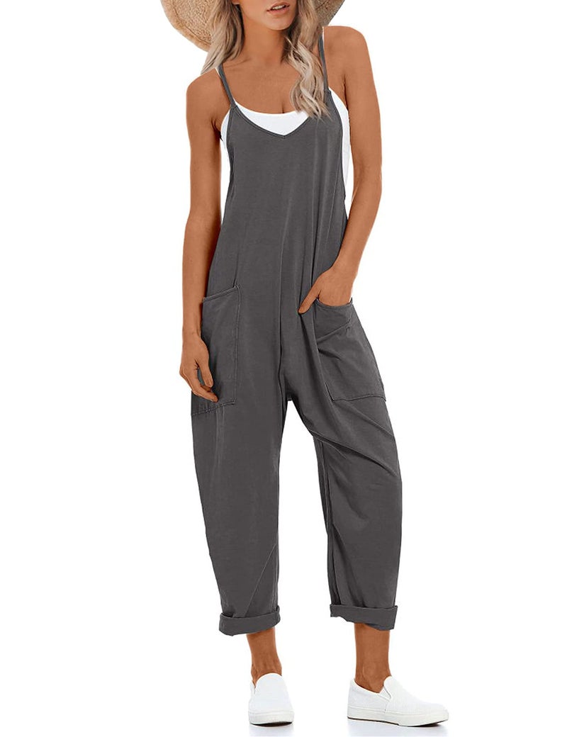 Lentta Women's Causal Jumpsuits V Neck Sleeveless Harem Overalls Stretchy Adjustable Strap Romper with Pockets(DarkGrey-M) - Image 1