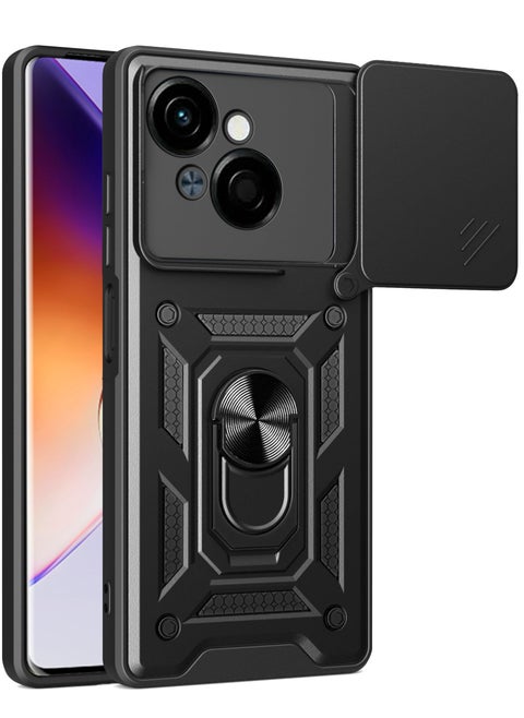 TECNO Spark Go 1 / Spark Go 2025 Case Cover, Slide Camera Lens Cover + 360°Rotating Kickstand Ring + Support Magnetic Car Mount Shockproof Mobile Phone Case For TECNO Spark Go 1 / Spark Go 2025, Black